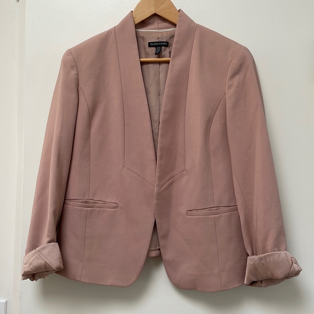 Dusty rose, hip length open blazer from Eileen Fisher